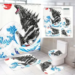 1/4pcs Ukiyo-e Inspired Godzilla Bathroom Set - Exquisite Shower Curtain with Mechanical Godzilla Emerging from Vivid Waves, Matching Bath Mat, Toilet Seat Rug & Lid Cover, Perfect for Modern Bathrooms - Celebrate Style with Japanese Artistry!
