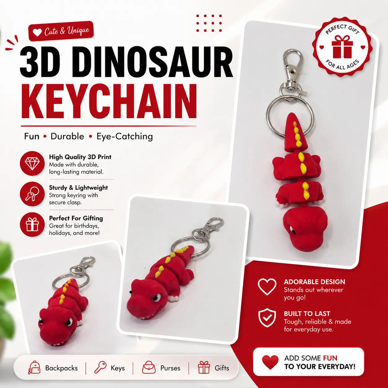 Red Dinosaur Tiny Animal Print Keychain - Unisex Costume Jewelry Fashion Accessory with Split Ring & Wiggle Action Key Holder, Dinosaur Keychains