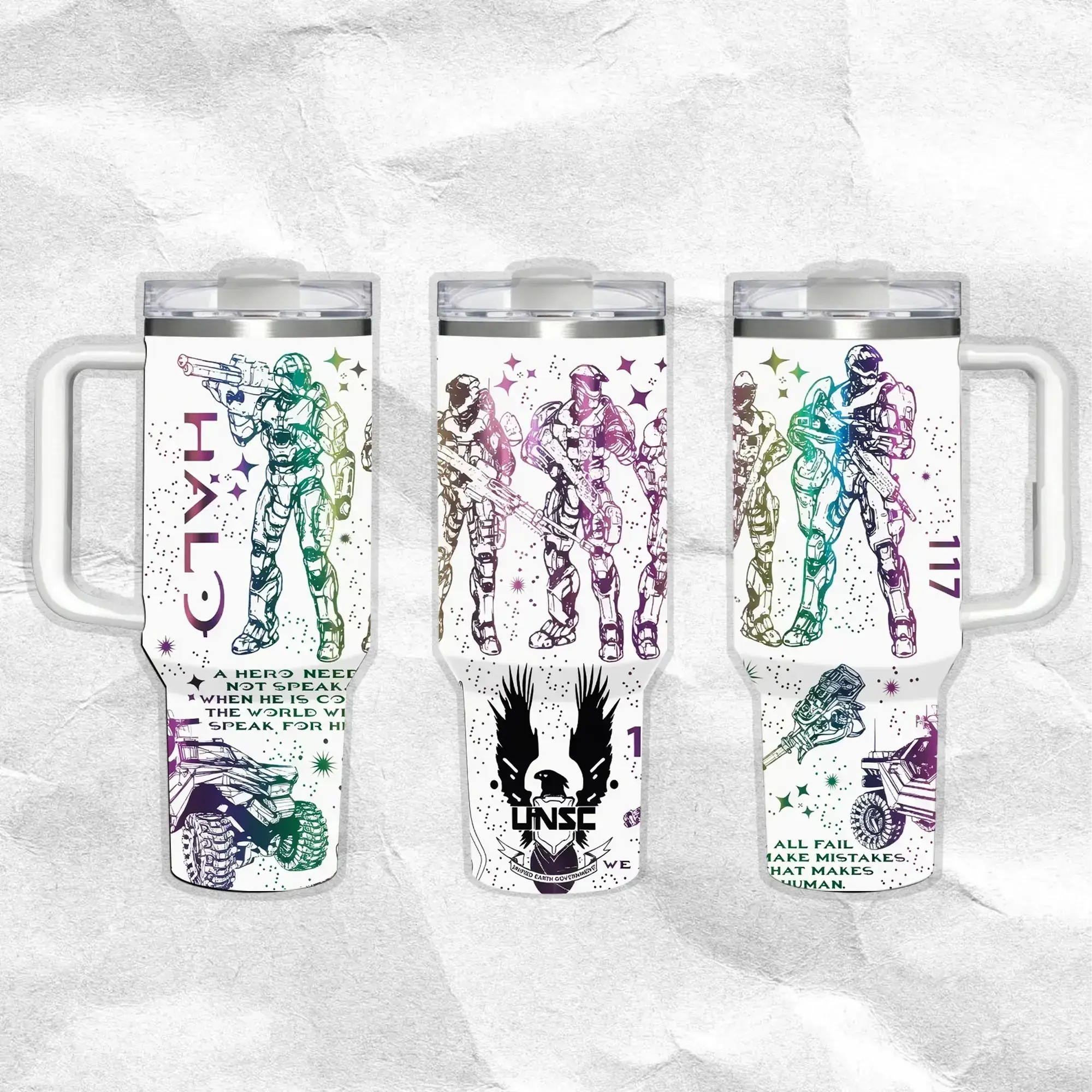 Master Chief - Halo Pattern 40oz Handle Tumbler – Retro Fantasy Stainless Steel Travel Mug, Hawkins Inspired Horror Cup, Double Wall Thermal Drinkware, Large Iced Coffee Tumbler, Gift for TV Show & Dungeon Game Fans