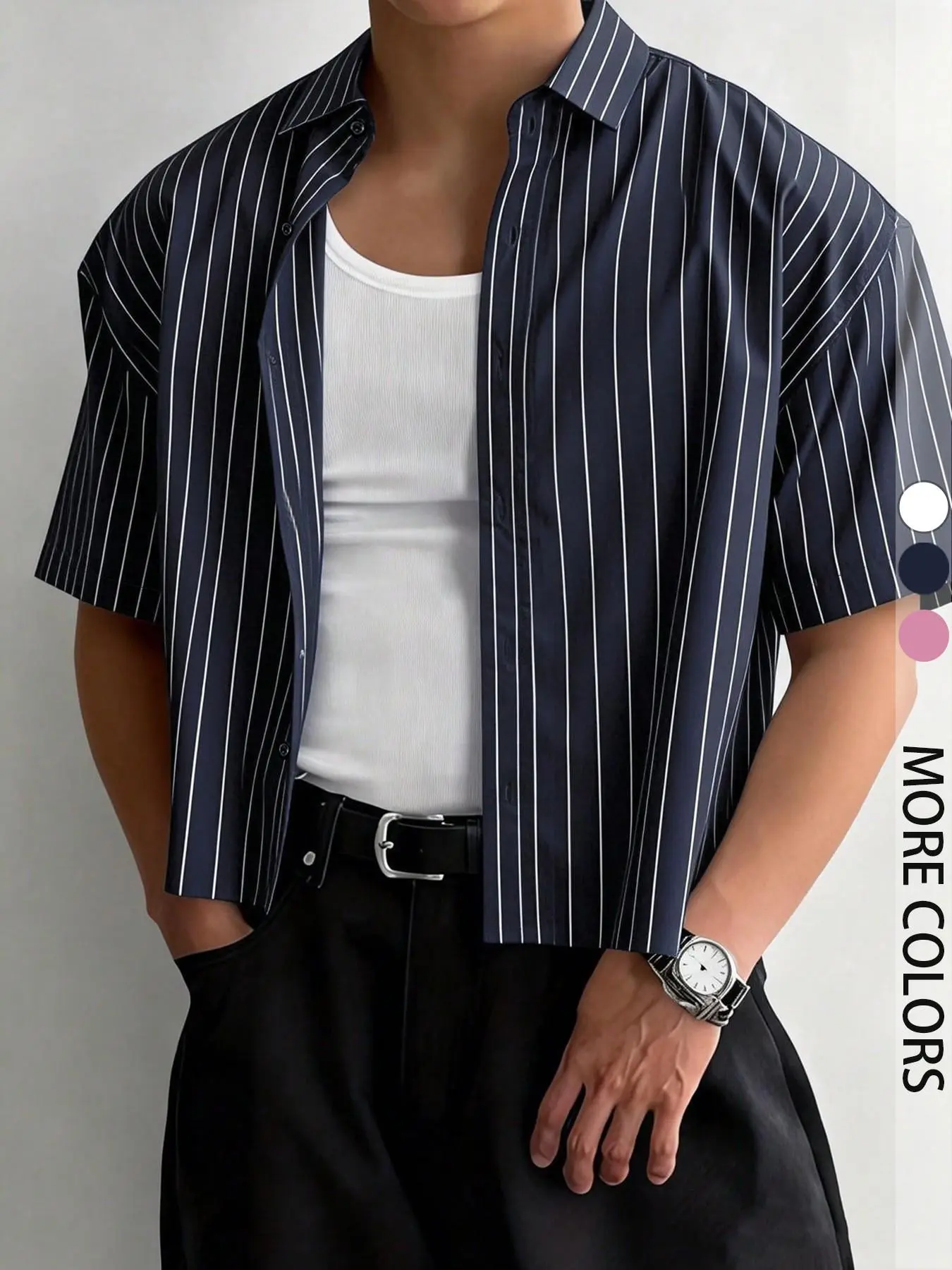 Men's Y2K pink striped short cropped short-sleeve shirt, casual loose lapel button-up top, Casual collared shirt, Classic Streetwear summer shirt, Casual Street Style, striped T-shirt for everyday wear, casual summer clothes, Menswear