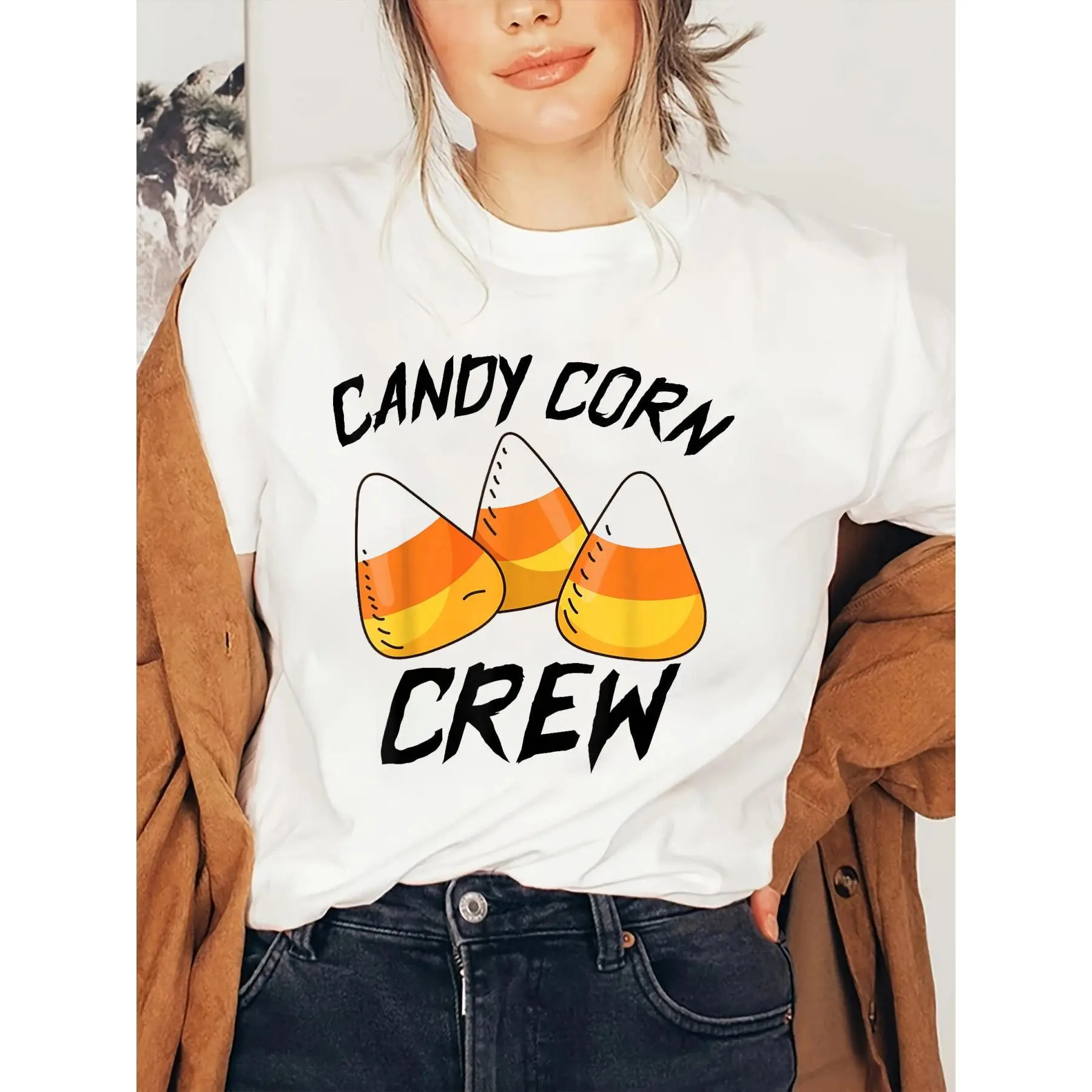 100% Cotton fall women clothescandy corn Halloween Matching family, funny candy corn crew T-Shirt