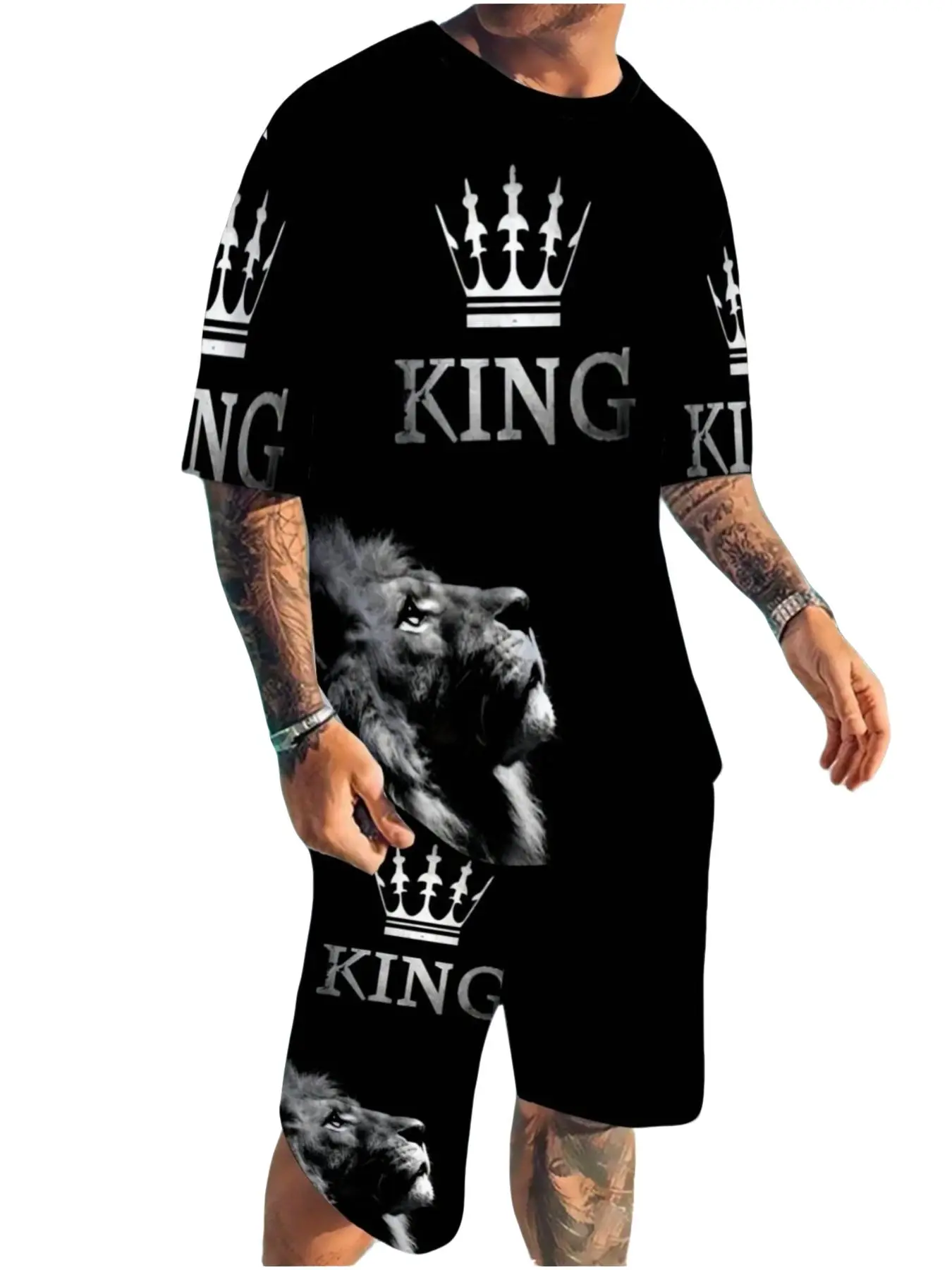 Men's Base Menswear 'king' Lion and Crown Print T-Shirt Set, Casual Loose-Fitting Two-Piece, All Seasons Wear