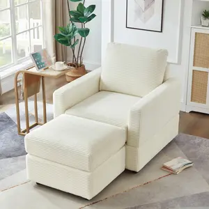 Accent Chair with Ottoman, Modern Corduroy Fabric Comfy Accent Chaise Lounge Chair and Ottoman Set, Single Reading Armchair with Soft Back Cushion for Living Room Bedroom Office, Beige