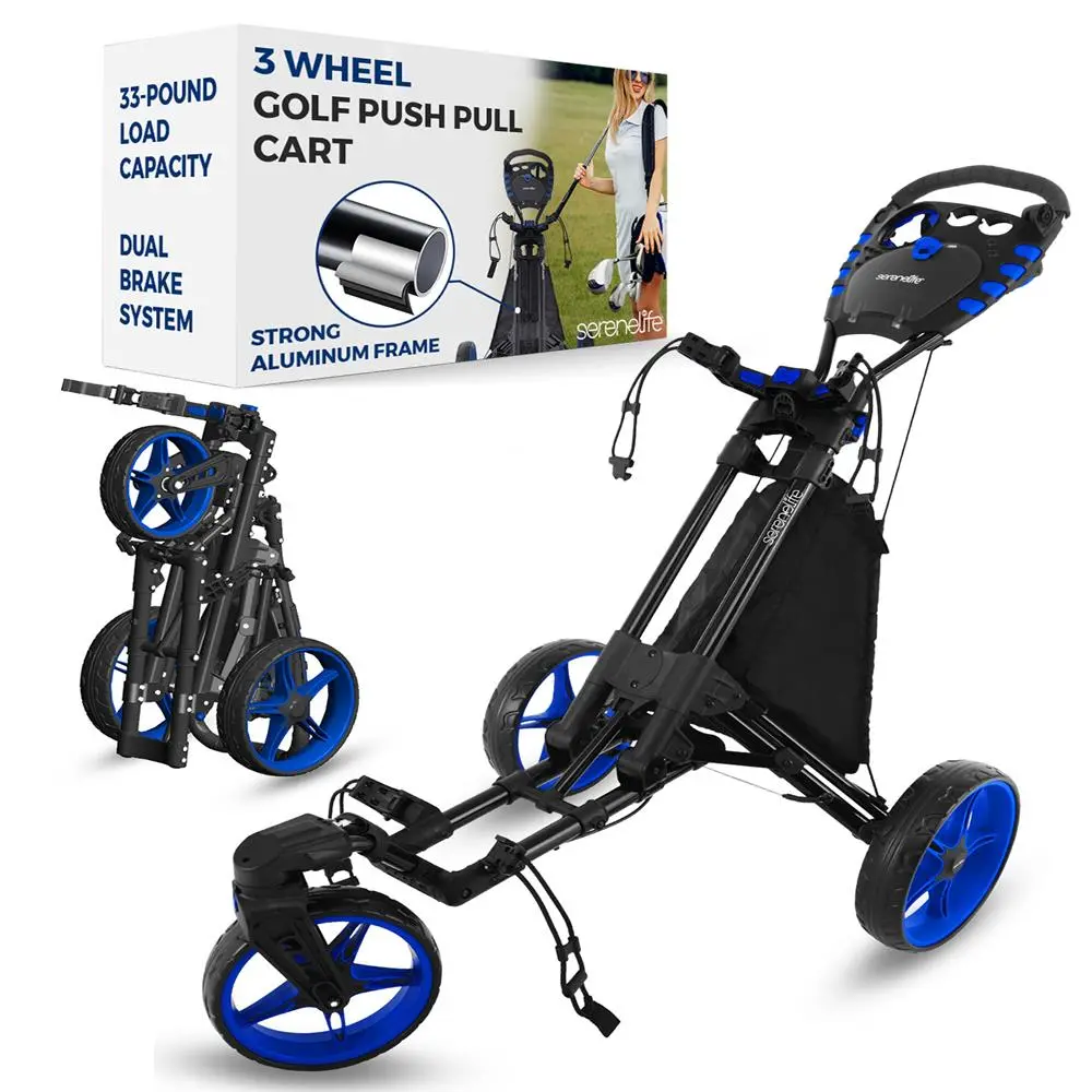 3-Wheel Lightweight Aluminum Foldable Golf Push Cart Accessory - Easy Fold Design with Cooler Storage, Adjustable Handle, Scorecard Holder & Bag Holder System for Compact Course Transport, Golf Accessory