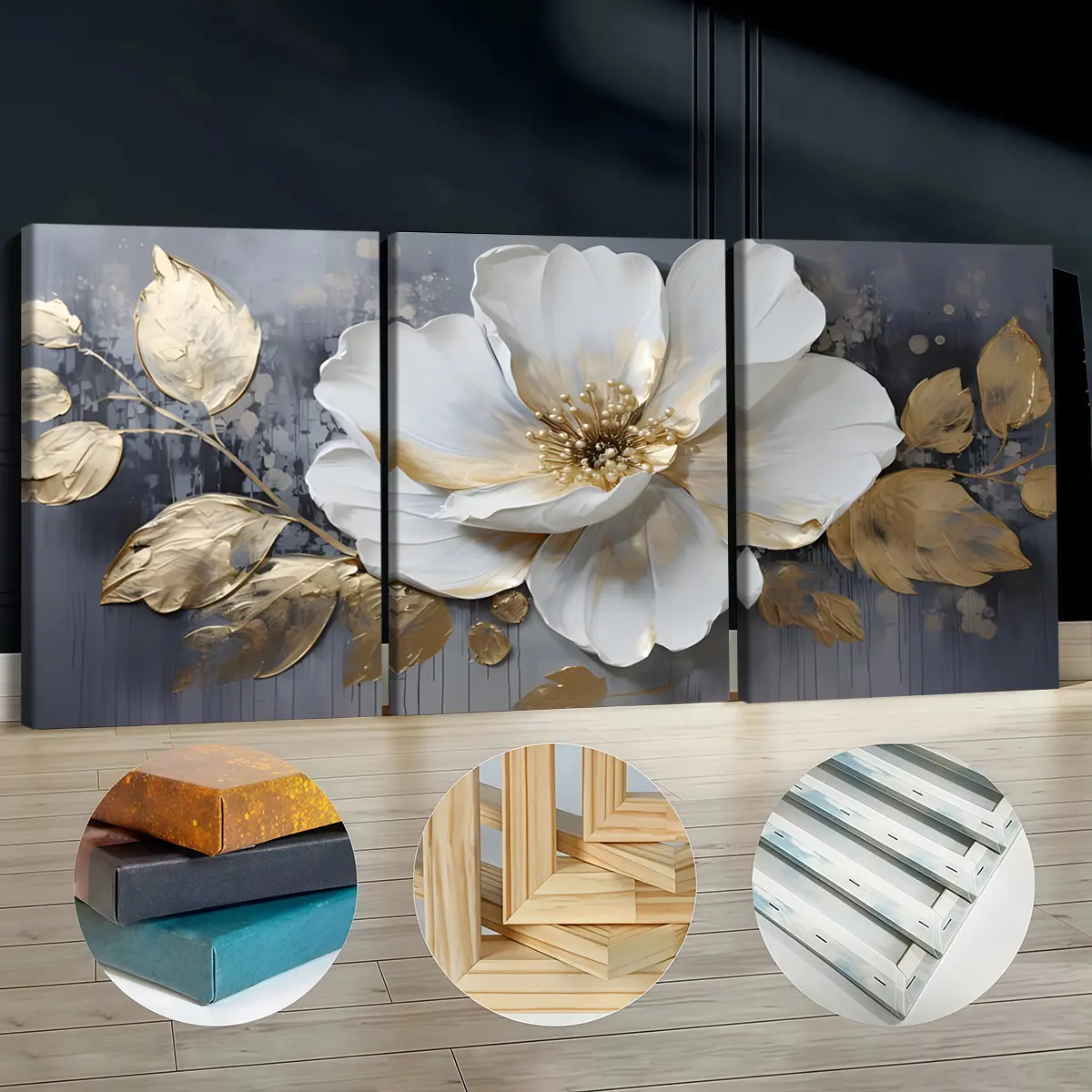 3Pcs Wood-Framed Canvas Print Set - Gold Leaves & White Flower Design, Waterproof Odorless Wall Art, Home Decor for Living Room, Bedroom