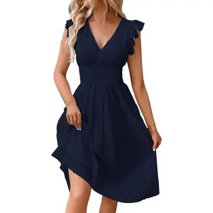 Vacation Dresses for Women 2025 Summer Trendy Eyelet Lace Ruffle Sleeve V Neck Midi Dress Flowy A Line Sundress