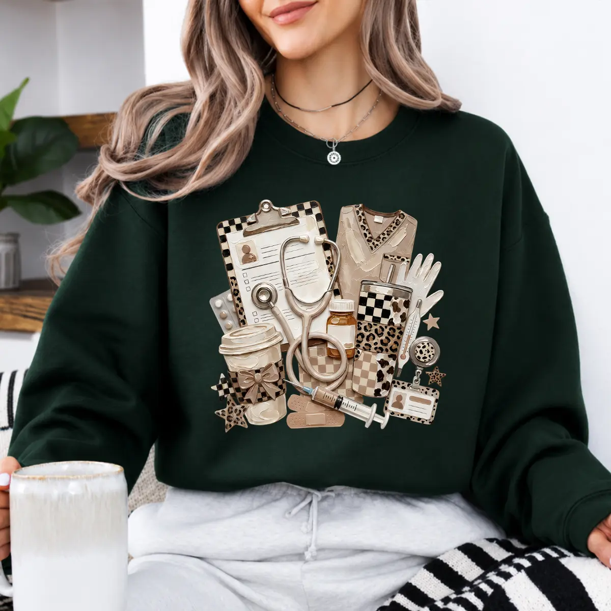 Women's Casual Cotton-Poly Tops - Nurse Essentials T-Shirt & Sweatshirt, Cute Medical Graphic Print Tee, Stethoscope Coffee Scrubs Shirt, Appreciation Gift for RN Healthcare Workers - JACKSON HOAI STORE
