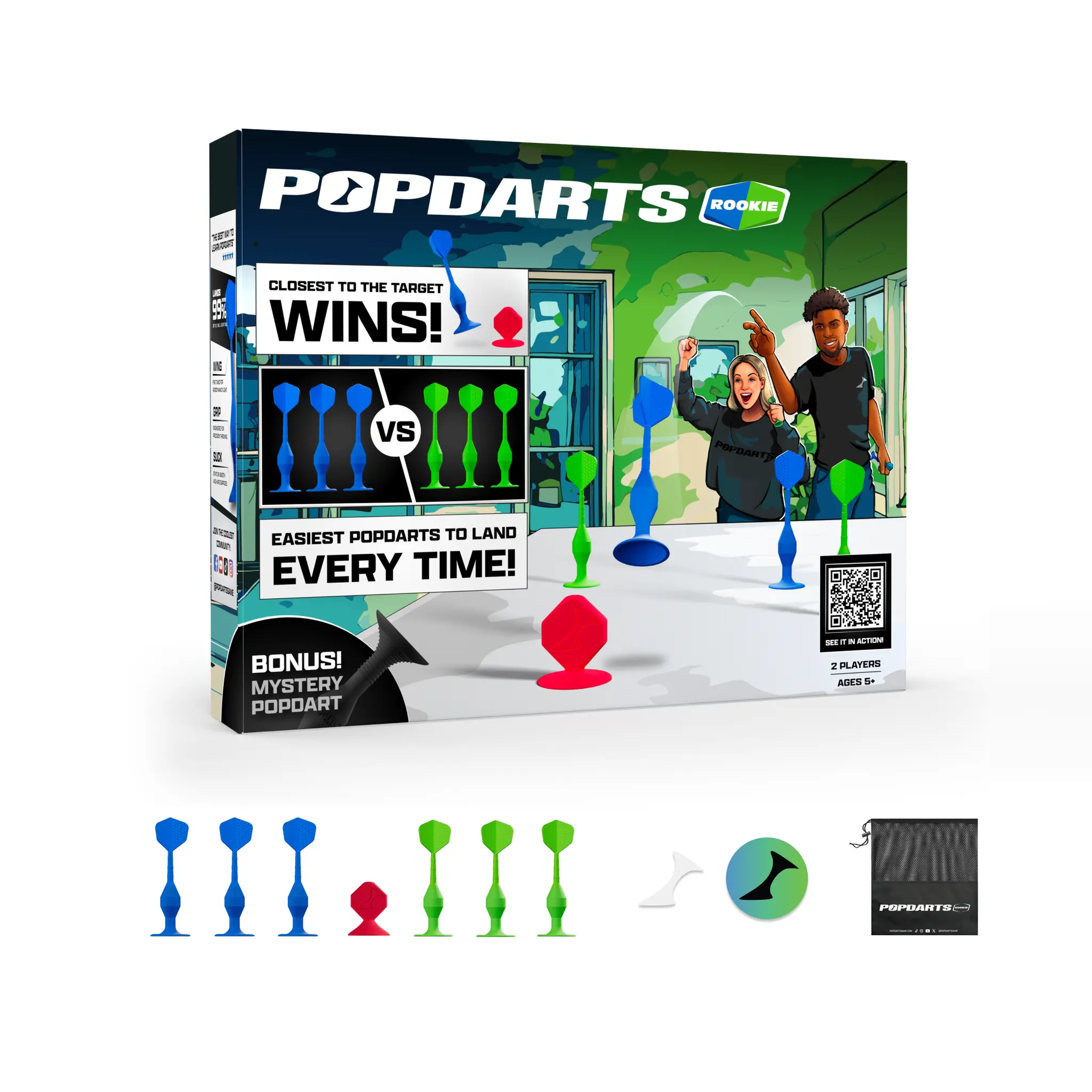 Popdarts Rookie Suction Cup Dart Set, Durable & Portable Indoor/Outdoor Game for Kids and Family, Beginner-Friendly, Blue & Green with Bag, Family And Friends, Great Source Of Entertainment