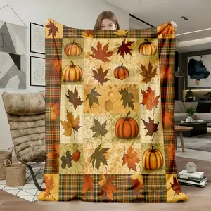1pc Autumn Pumpkin Maple Leaf Plaid Flannel Fleece Throw Blanket, Super Soft Warm Fuzzy Microfiber Blanket for Couch Bed Living Room, Cozy Adults Holiday Gift