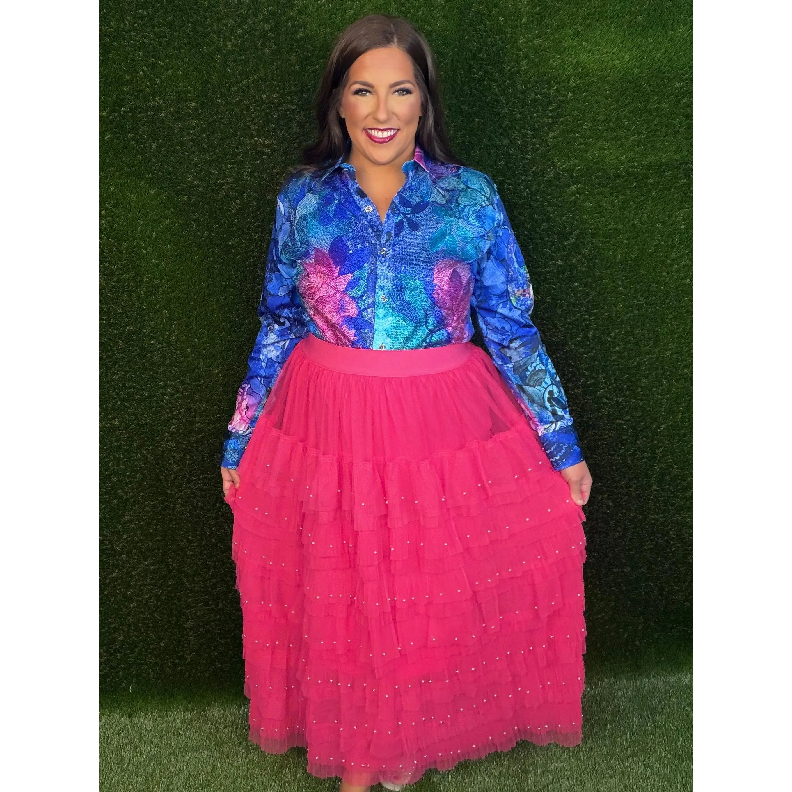 Pearl Embellished Maxi Tulle Skirt - Hot Pink
