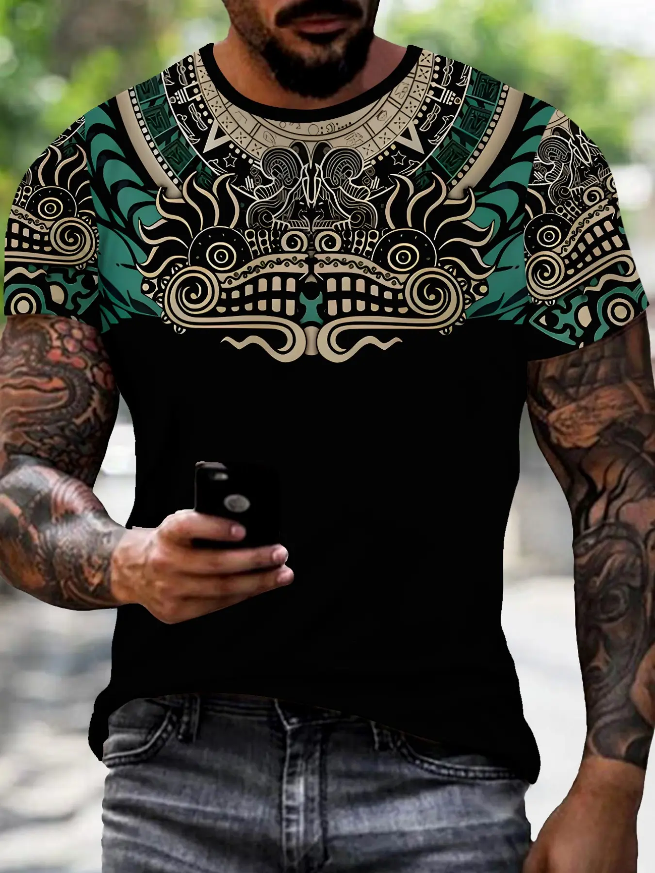 Aztec Totem Print T-Shirt Vintage Ethnic Streetwear Casual Style Round Neck Short Sleeve, Fashion Comfort Design, Perfect for Daily Wear, Ideal Gift Choice
