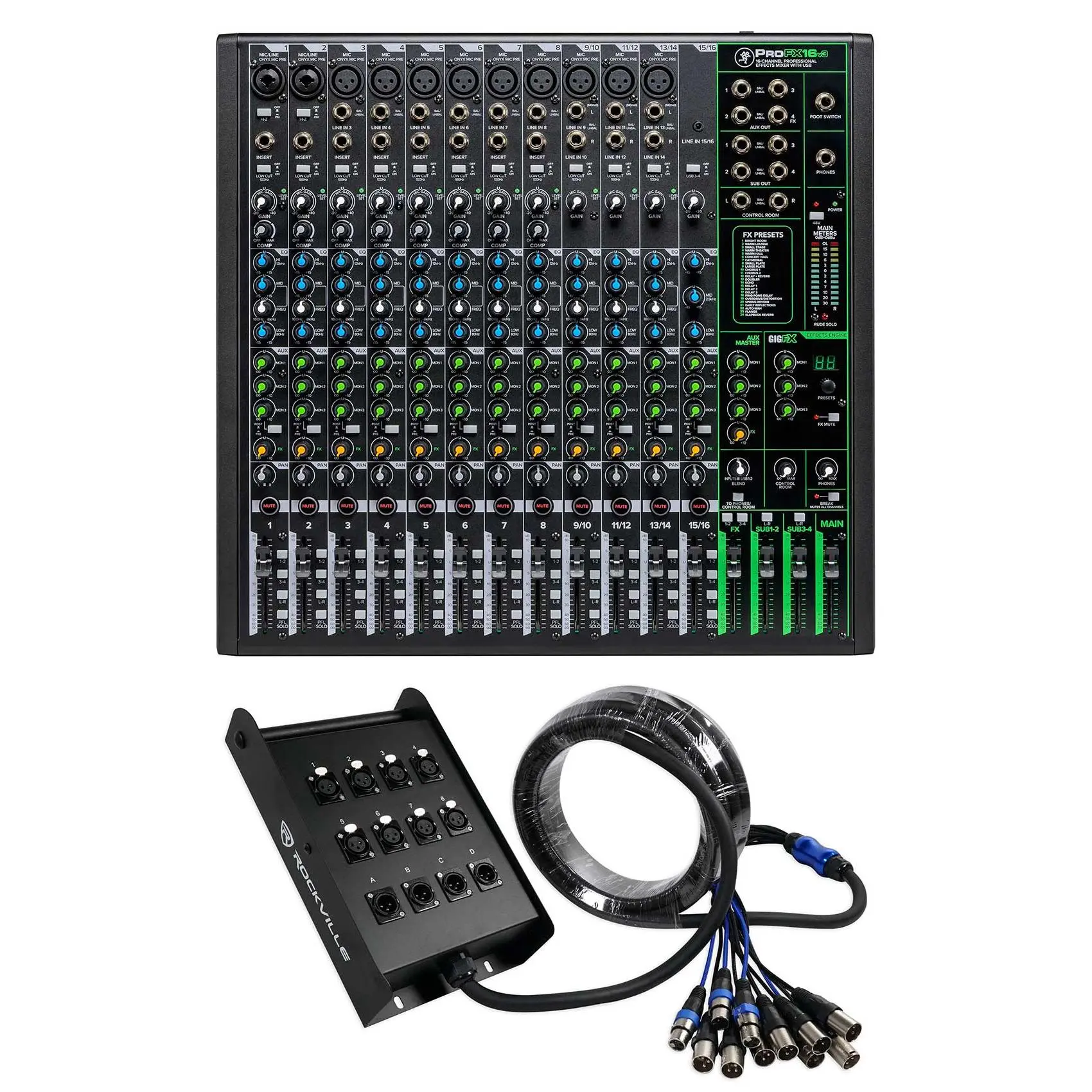 Mackie ProFX16v3 16-Channel 4-Bus Audio Digital Recording Compact Wired Effects Mixer with USB + Snake Cable