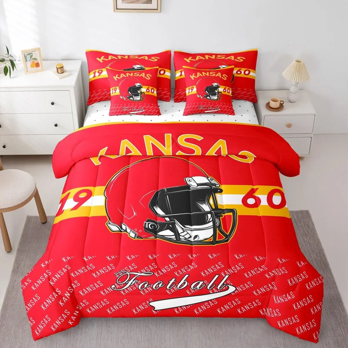 Football Comforter Set with Sheets for Kids Boys Girls Kansas 7 Pieces Bedding Set Football City Bed in a Bag Sports Games Room Decor Soft Lightweight Microfiber