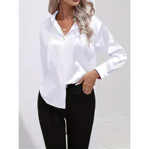 Elegant Women's Polyester Satin Shirt - Long Sleeve, Lapel Collar, Solid Color, Smooth Texture, Versatile for Spring/Summer/Fall