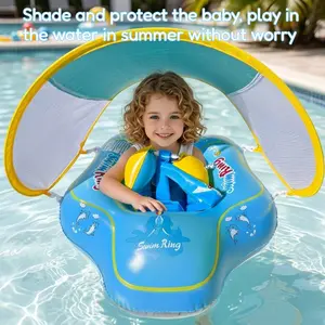 Baby Inflatable Swim Float with Detachable UPF 50+ Sun Canopy, Toddler Swimming Ring with 3-Way Safety Buckle & Anti-Tip Design, Thickened Durable PVC Floatie with Double Air Chambers,  Infant Water Play Pool Beach Backyard Lake