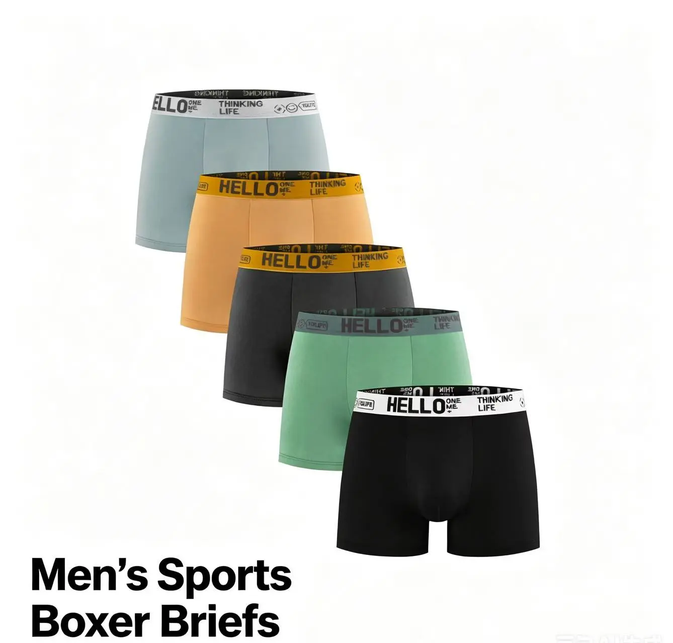 Men's 5-Pack Polyester Belted Waist Boxer Briefs with Lettered Tape - Soft, Comfortable, Breathable, Full Coverage Athletic Underwear for Everyday Wear, Machine Washable, All-Season Casual Colorful Print Basketball Protective Fabric Menswear