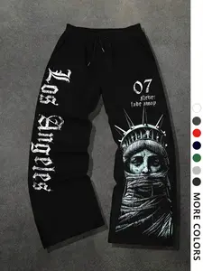 Men's Casual Loose-Fit Graphic Sweatpants, Los Angeles Goddess Pattern, Drawstring Wide Leg Pants, All-Season Men's Clothing, Relaxed Sweatpants, Athleisure Style Bottoms, Casual Fashion Sweatpants