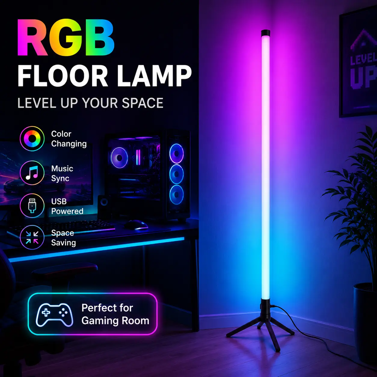 1PC/2PCS RGBIC Corner Floor Lamp, Color Changing LED Mood Light with Music Sync, Triangle Base USB Powered Ambient Light for Gaming Room, Bedroom, Living Room & Party Decor