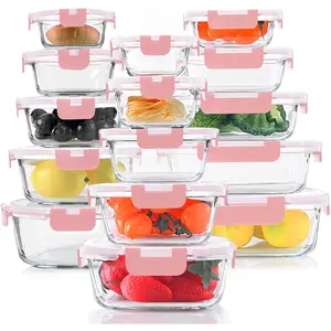 KOMUEE 30-Piece Glass Storage Container Set with Snap Locking Lids, Airtight Meal Prep Containers for Microwave, Oven, Freezer & Dishwasher Safe, Pink KOMUEE