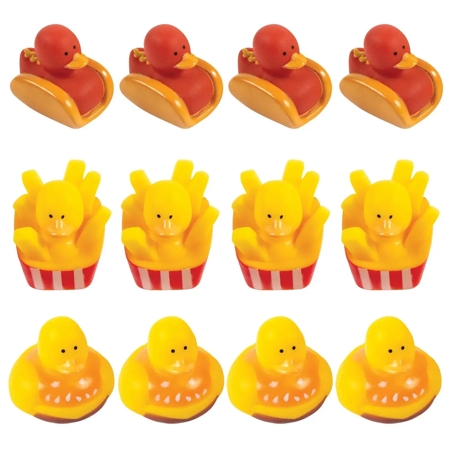 12-Pc 2" Multicolor Fast Food Themed Rubber Ducks Set - Hamburger, French Fries, Hot Dog Designs - Toddler Novelty Toy, Quirky Gift, Party Bag Goodie Bag Fillers