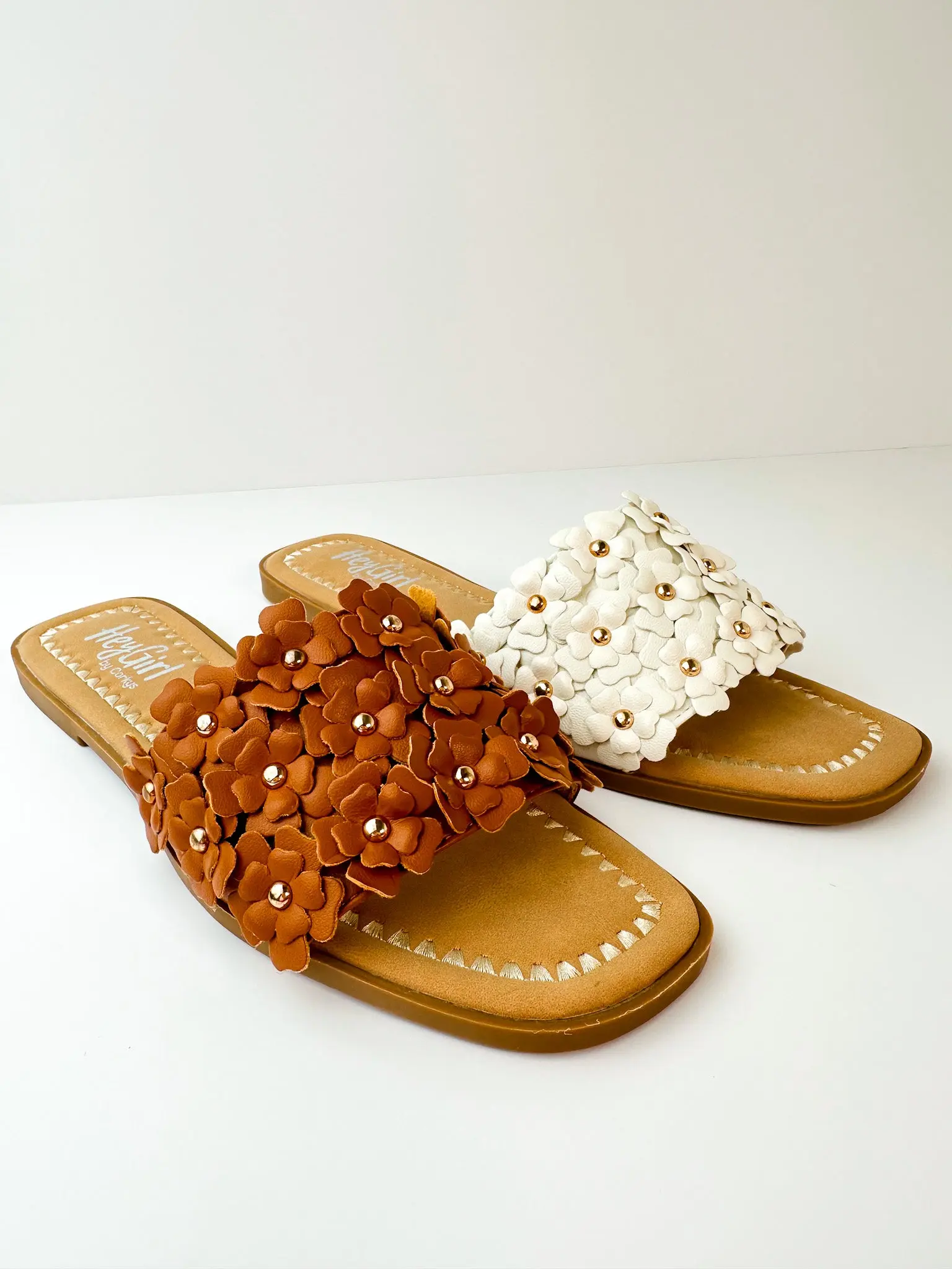 Corkys Out of Time Faux Leather Sandals - Multiple Colors, Footwear, Women, Lightweight, Shoe, Decor, Floral, Wide Fit, Flat Sandals, Open Toe Shoes, .5" Heel, Casual, Cognac Brown, Romantic Touch, Size Up If Wide, Synthetic, Leather & Faux Leather