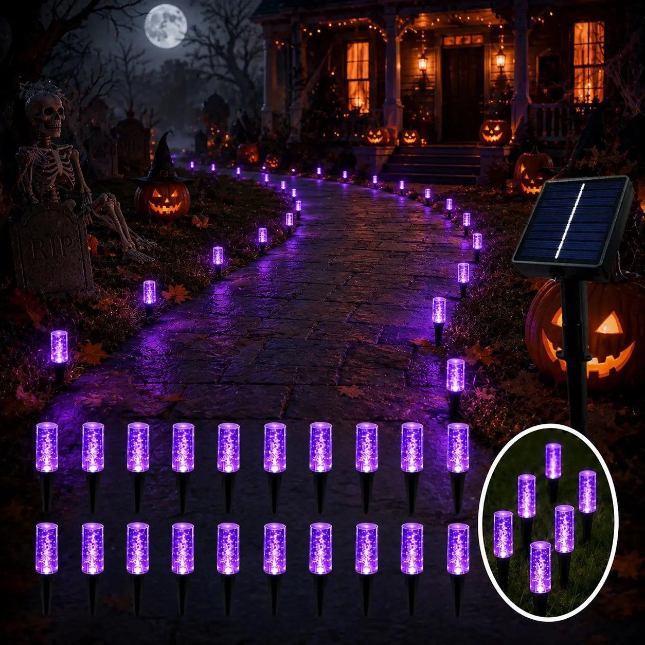 Solar-powered ground-insert lights featuring 20 purple bubble-crystal LEDs; ideal for outdoor garden, patio, and walkway decoration, as well as for Halloween parties, front lawn displays, and haunted house-themed events.