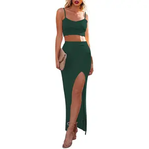 Women's Knit 2 Piece Dress Cami Crop Top High Side Slit Bodycon Long Skirt Set