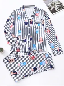 Women's Fall Winter Pajama Set, Cute Bear Print, Comfortable Lapel Top & Elastic Pants, Casual Homewear, Ladies Sleepwear Series