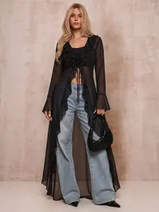 Elegant Ruffled Lace-Up Long Sleeve Outerwear, Western Style Women's Top, Casual Elegant Daily Wear, Y2K Millennial Fashion, All-Season Jacket