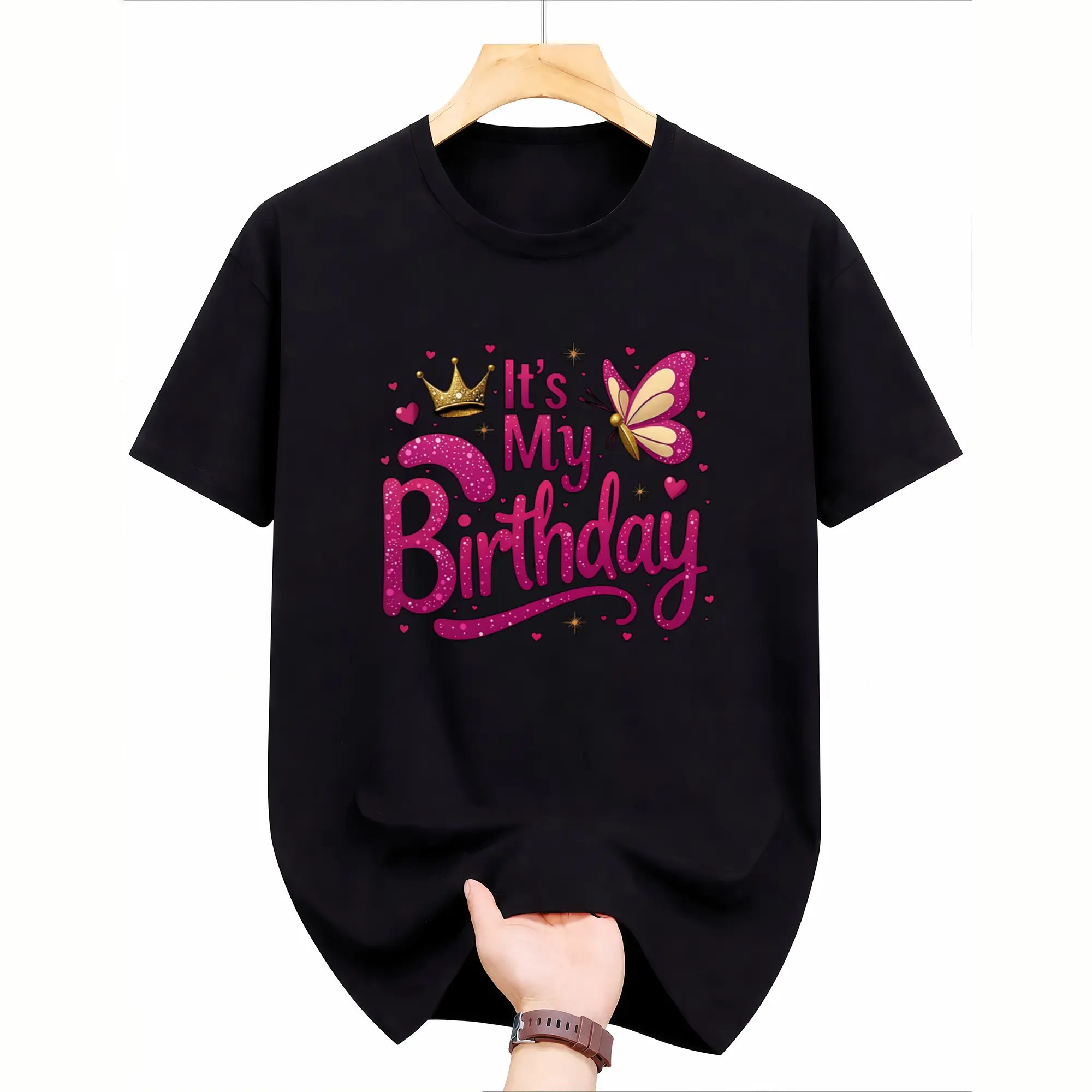 Women's It's My Birthday Glitter Graphic T-Shirt, Casual Short Sleeve Crew Neck Relaxed Fit Top