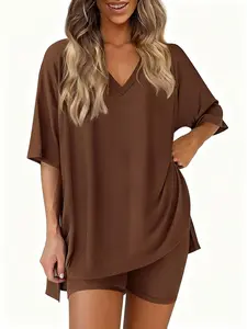 Cozy Summer 2 Piece Outfit for Women, Oversized V Neck Tee with High Waist Biker Shorts, Relaxed Fit Pajama and Lounge Set