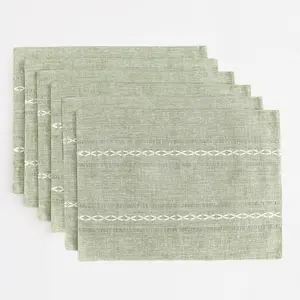 Cotton Linen Placemats, 12 x 18 Inch Set of 6 Placemats Rustic Hemstitch Place Mats For Kitchen Table and Heat Resistant-Hemstitch Sage Green