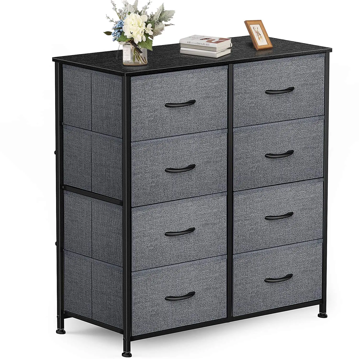 Yesker Black 8-Drawer Fabric Chest of Drawers - Sturdy Steel Frame, Wood Top, Foldable Bins, Adjustable Heavy-Load Unit with Industrial Look, Assembly Required for Bedroom, Playrooms Storage Organization