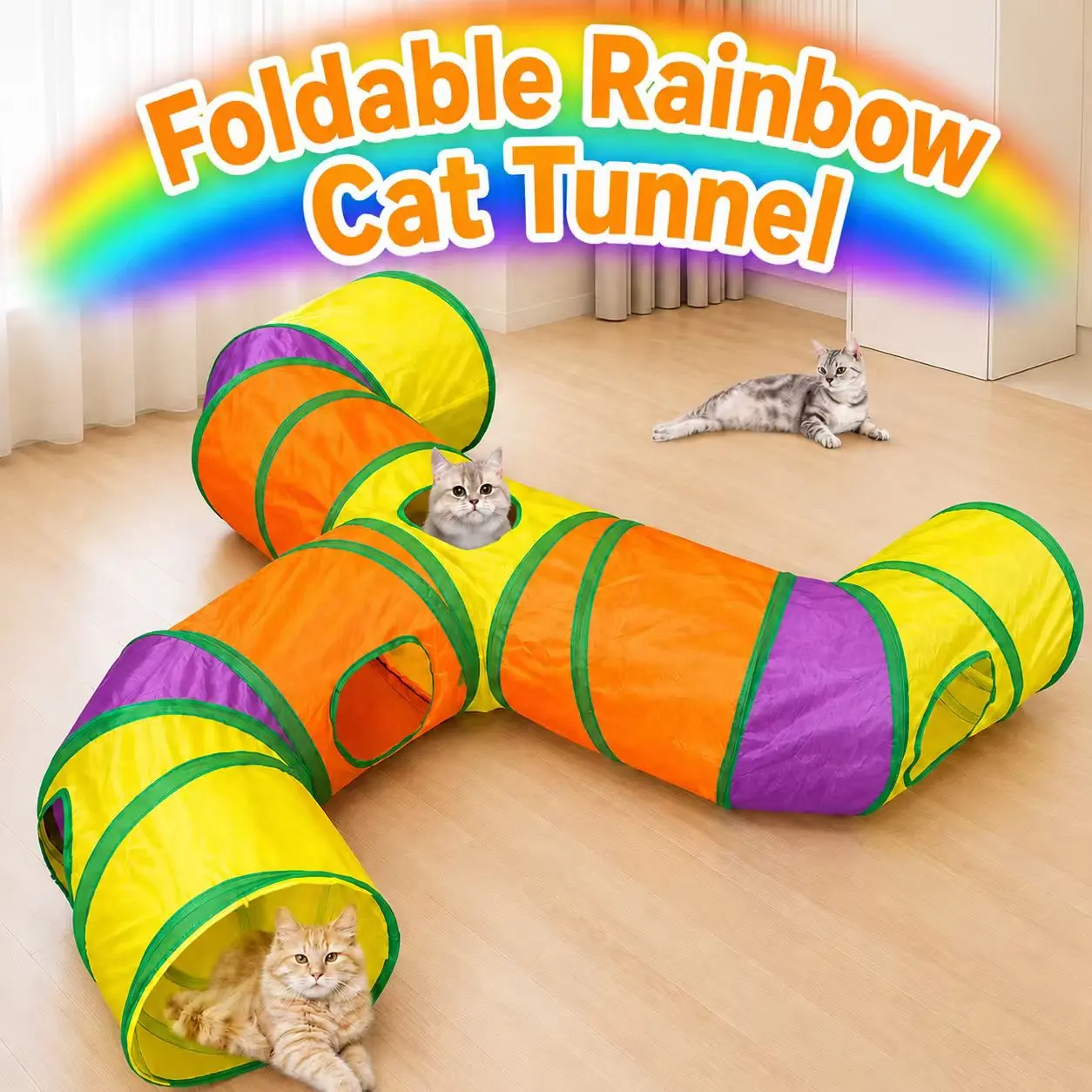 Rainbow Cat Tunnel Foldable Multi-Functional Cat Passage Self-Amusement Stress Relief Calming Energy Consuming Cat Hole Toy,Cats and Rabbits Interactive Training Play Tube or Tunnels - Perfect for Exercise and Playtime