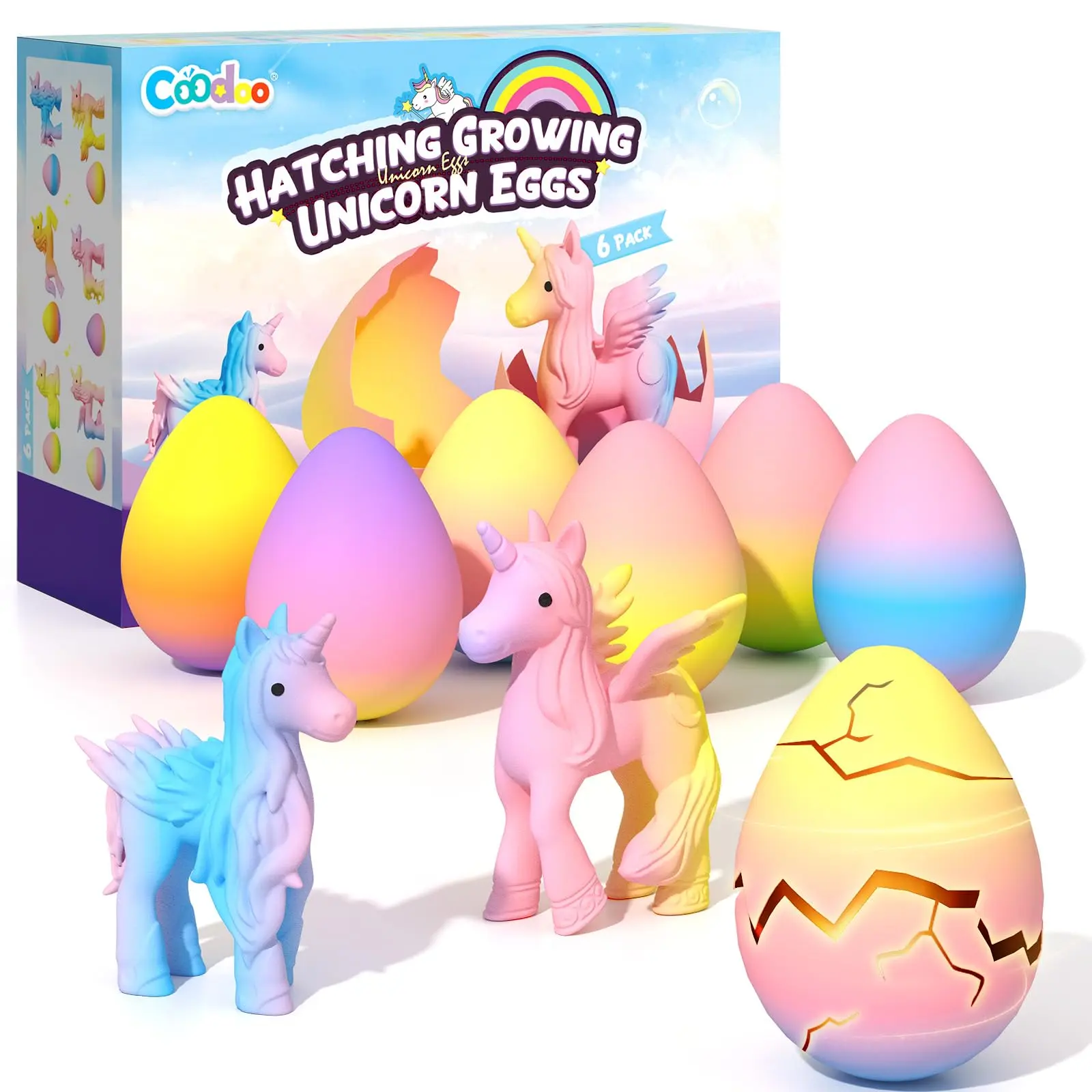 Coodoo 6-Pack Unisex Hatching Growing Unicorn Eggs Toy - 6 Unique Collectibles, Rainbow Colors, Safe, Magical Transformation, Ideal for Easter, Christmas Gifts, Little Gifts for Girls