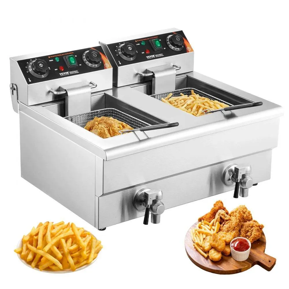 【Summerfinds】VEVOR Commercial Deep Fryer,  Dual Tank 3000W Electric Countertop Fryer with Basket, 2 x 11.6Qt/11L Double Stainless Steel Oil Fryer with Oil Filtration, Time & Temp Control, for Kitchen Restaurant Use