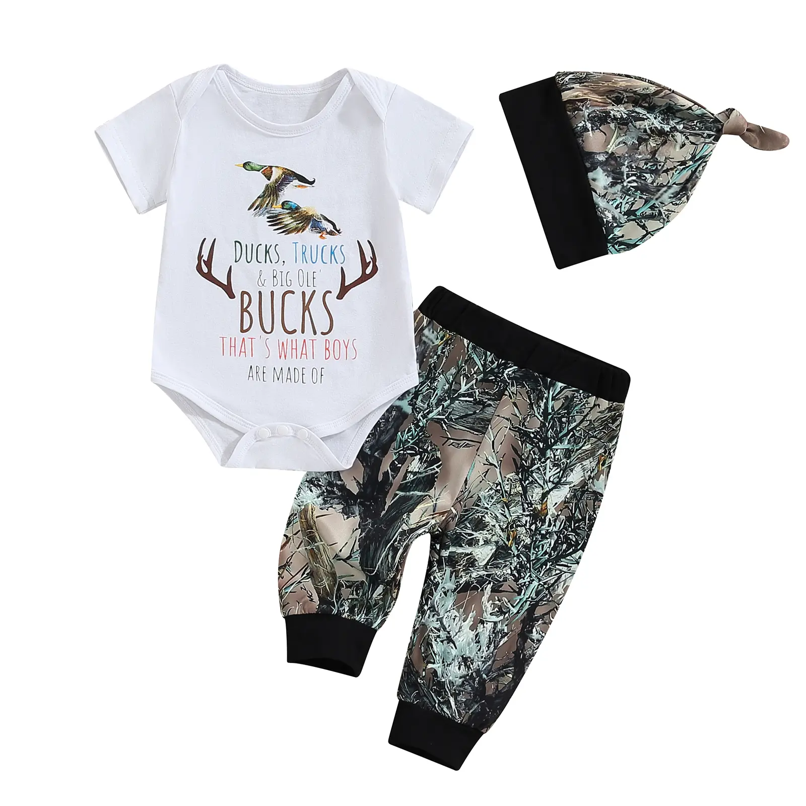 Newborn Baby Boy Clothes Long Sleeve Romper Onesie Camo Pants with Hat Infant Outfit
