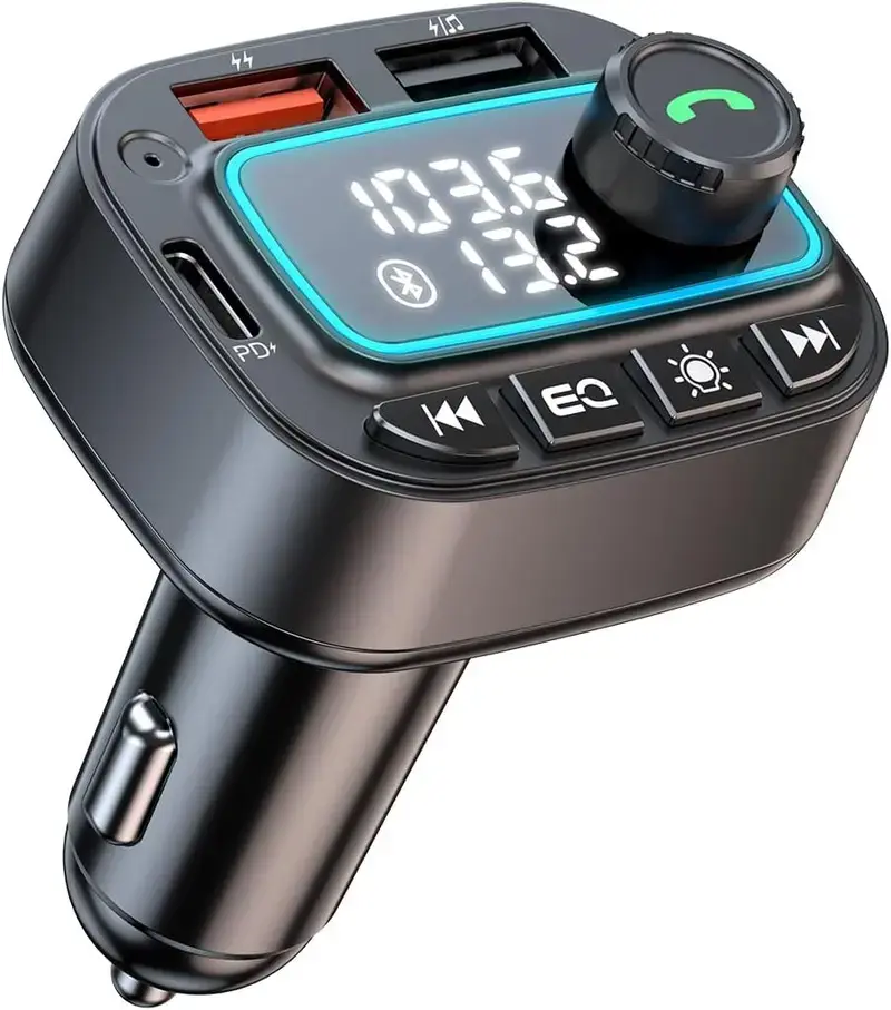 Bluetooth FM Transmitter for Car, Hands-Free Calling, QC3.0 & PD 20W Dual USB Fast Car Charger, Wireless Audio Music Player with Voltage Display, One-Key Answer for All Vehicles