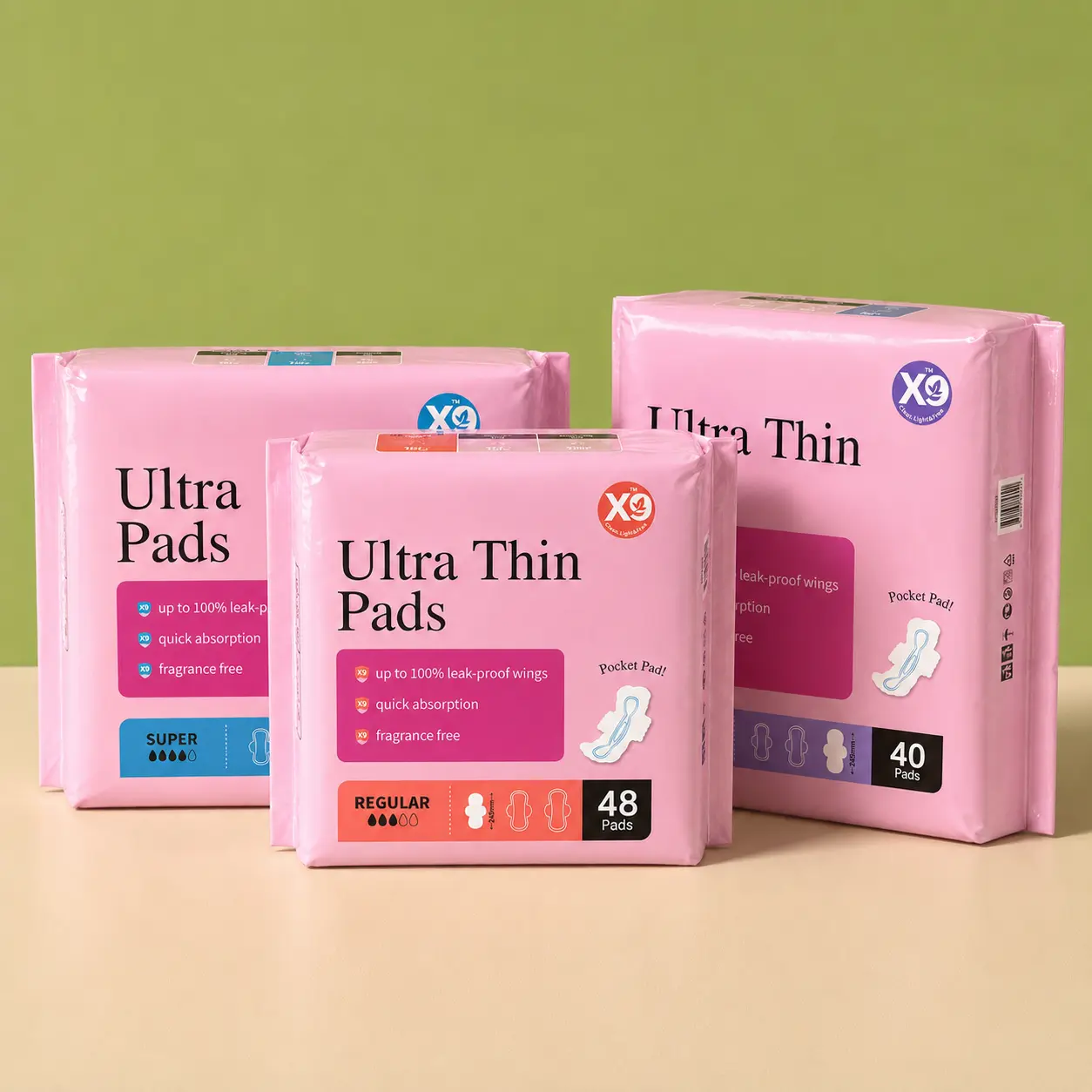 Women's X9 Ultra-Thin Disposable Sanitary Pads, Leak-Proof Wings, Quick-Absorption, Unscented Gentle for Sensitive Skin, Moisture Control, Regular/Super/Overnight Absorbent Menstrual Pads for Outdoor Use