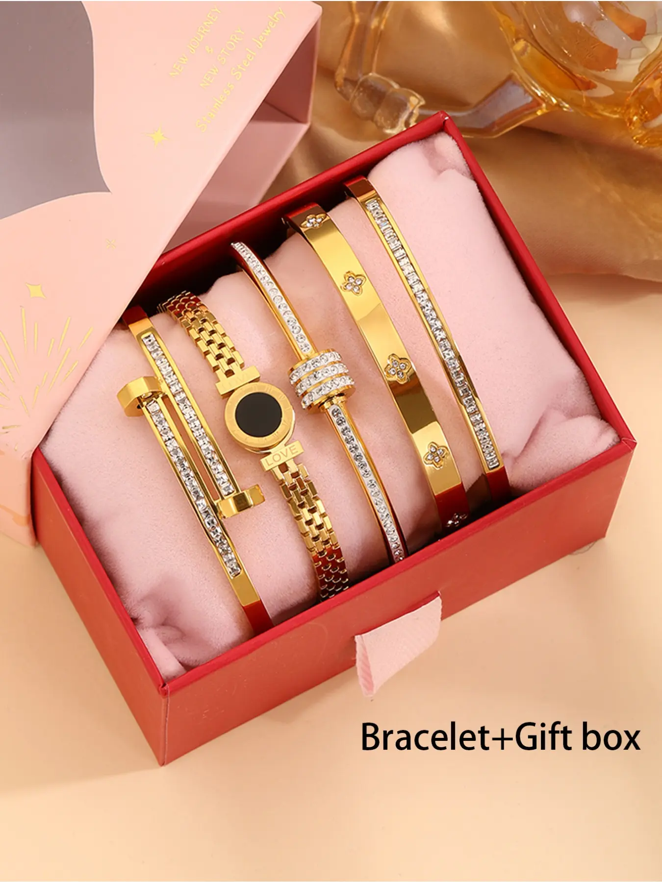 5-piece elegant and luxurious 304 stainless steel couples bracelet stack set with gift box, suitable for both women and men with high-quality and fashionable bracelets, perfect for daily travel, perfect gift, Gift Jewelry