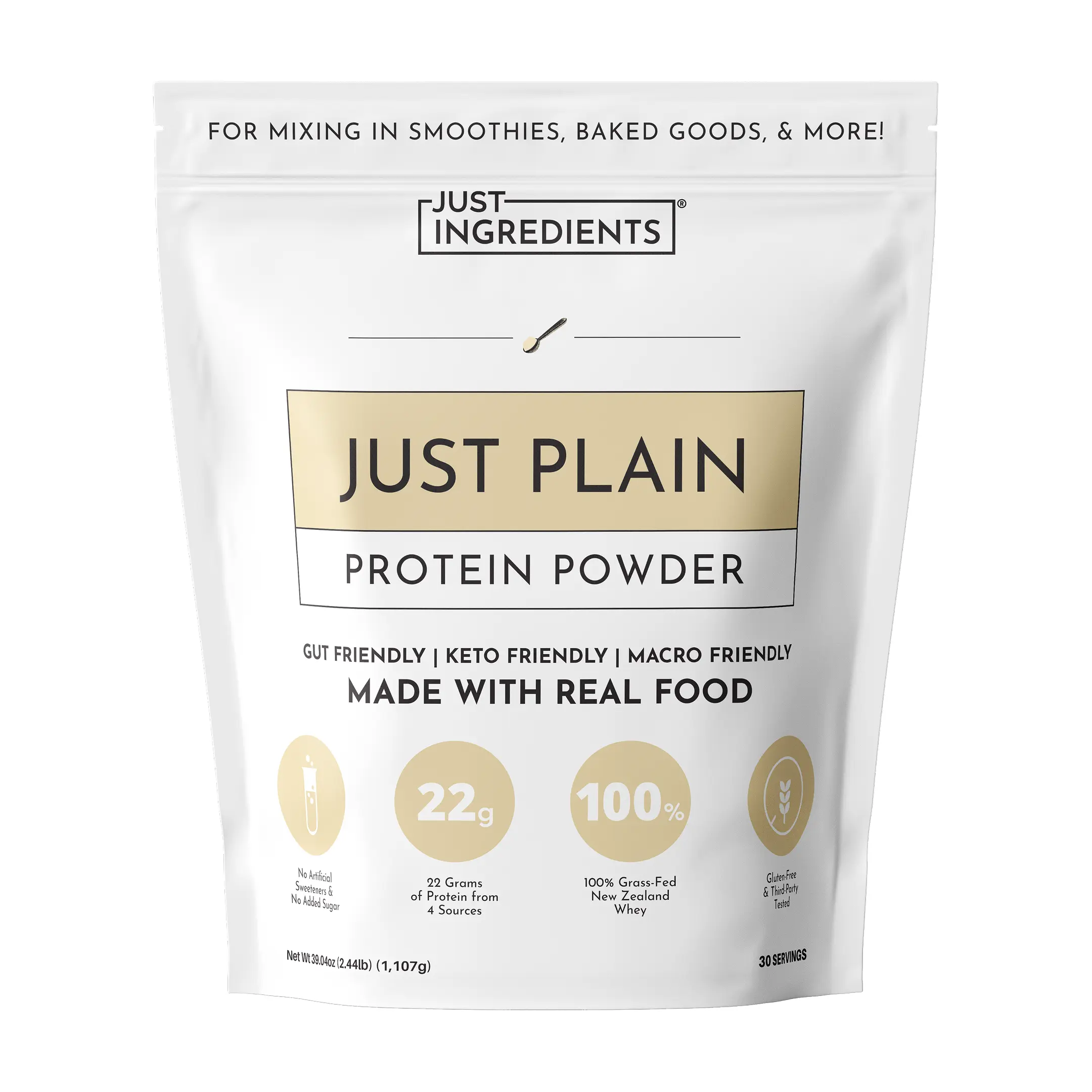 Just Ingredients Plain Protein Powder - 30 Servings – Grass-Fed Whey & Plant Protein Blend with Real Food Ingredients – Sweetened with Coconut Sugar & Monk Fruit, Non-GMO, Gluten-Free