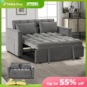 EBELLO 3-in-1 Convertible Sofa Bed - Pull Out Sleeper Couch, Velvet Loveseat with Adjustable Backrest, Side Pockets & Pillows, Modern Multi-Functional Furniture for Living Room & Small Spaces