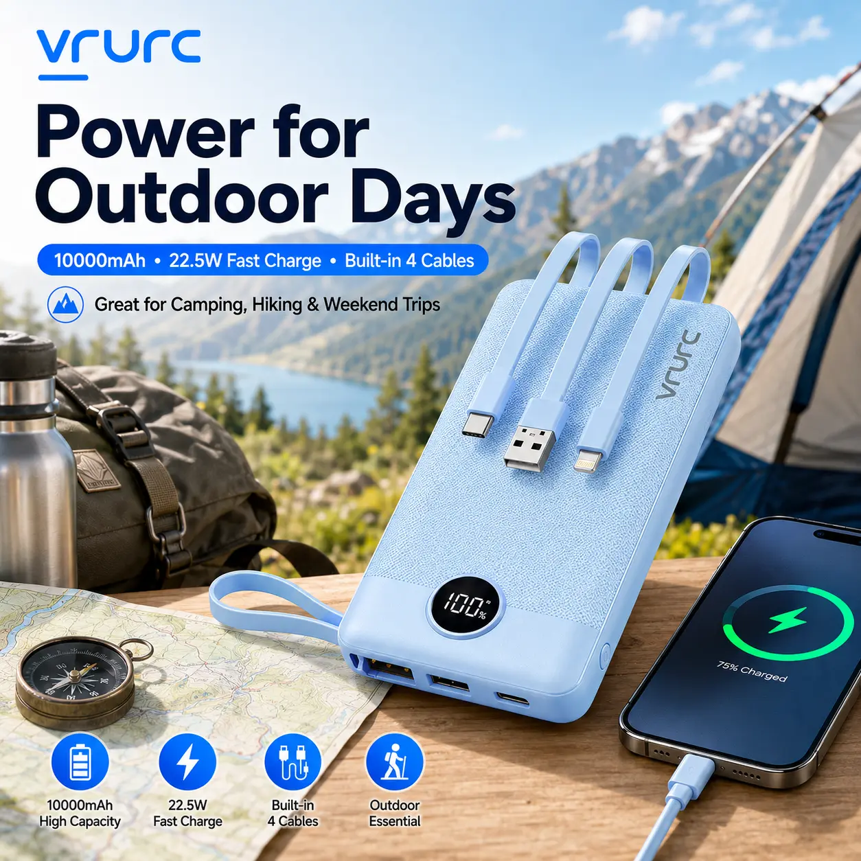 VRURC 10000mAh Portable Charger with 4 Built-in Cables, LED Display, USB-C & Micro USB Recharge, Mobile Charging Accessories for iPhone, Android, Travel Use
