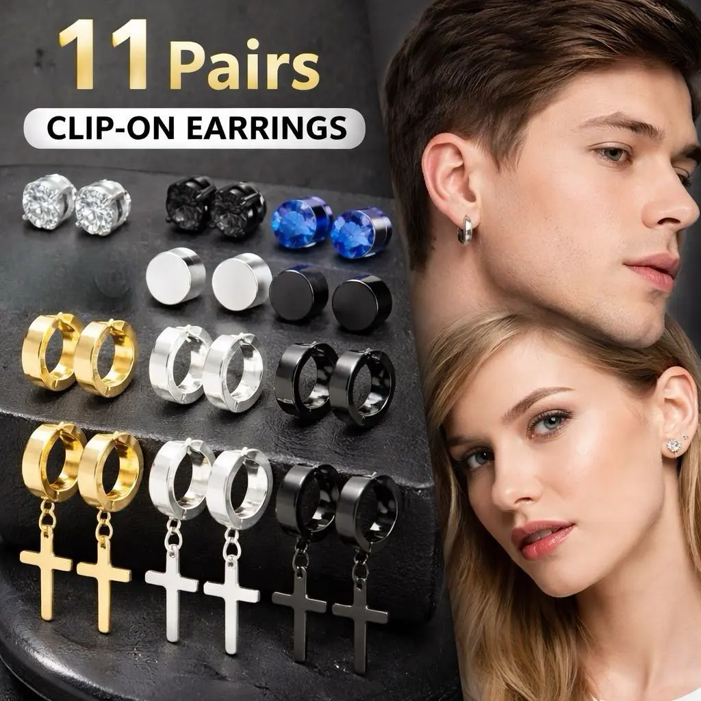 Women's 11-Pair Stainless Steel Magnetic Clip-On Earrings Set - Non-Pierced, Hypoallergenic Hoops & Crosses, Strong Magnet Closure for Everyday Wear