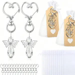 30 Set High Quality Silver Color Angel Wings Heart Keychains, Includes 30 Keychains, Thank You Cards, Cloth Bags, Perfect for Baptism Gifts, Angelic Charm