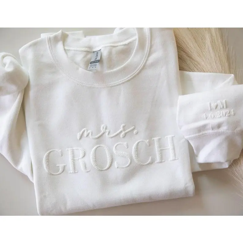 Personalized Mrs Sweatshirt, Custom Wedding Gift, Anniversary Gift for Her, Mrs Neckline Embossed Sweater, Wedding Date Sleeve, Bride To Be