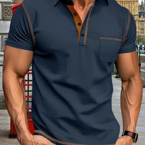 Men's Summer Turn-Down Collar Button Long Sleeve Polo Shirt, Buttoned Polo Shirt, Casual Basic Fit, Luxurious Vintage Style, Short Sleeve T-Shirt