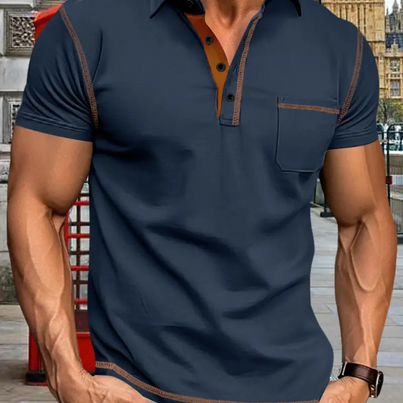 Men's Summer Turn-Down Collar Button Long Sleeve Polo Shirt, Buttoned Polo Shirt, Casual Basic Fit, Luxurious Vintage Style, Short Sleeve T-Shirt