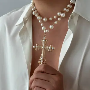 2Pcs/Set Fashion Hiphop Style Asymmetrical Layered Faux Pearl & Metal Cross Pendant Necklace Set, Vintage Gothic Style Beaded Necklace For Men