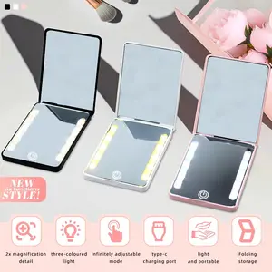 Rechargeable Pocket Mirror, LED Makeup Mirror with Light for Purse, Lighted Makeup Mirror, Double Sided 1X/2X Magnification Compact Vanity Mirror, Folding Small Portable Led Travel Mirror